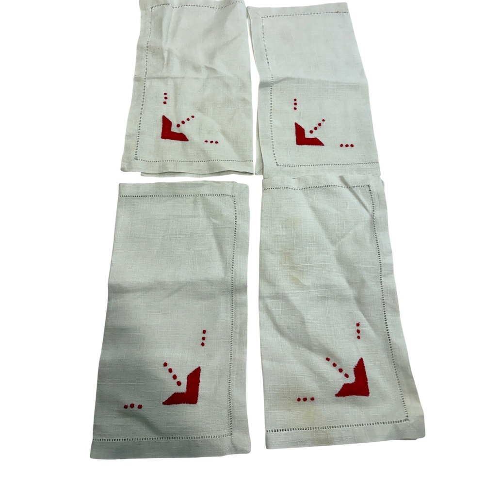 Vintage Hemstitch Linen Napkins Set of 4 Red Geometric Embroidery Cream MCM
